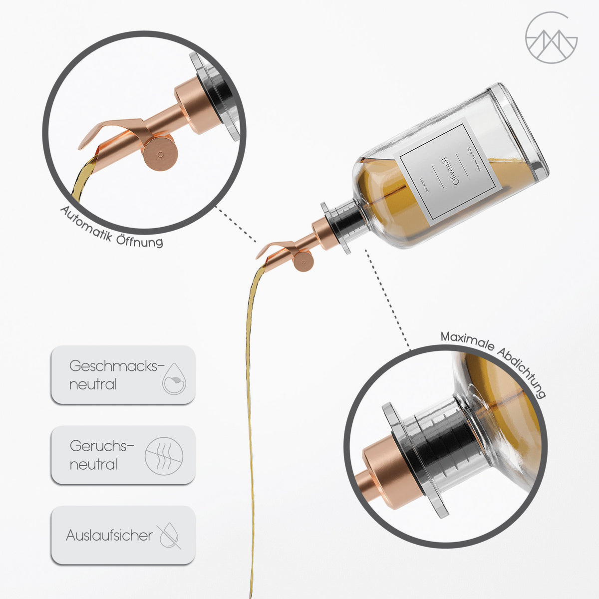 Ölflasche aus Glas mit Ausgießer Rose Gold (Weiß Etiketten, 500ml)