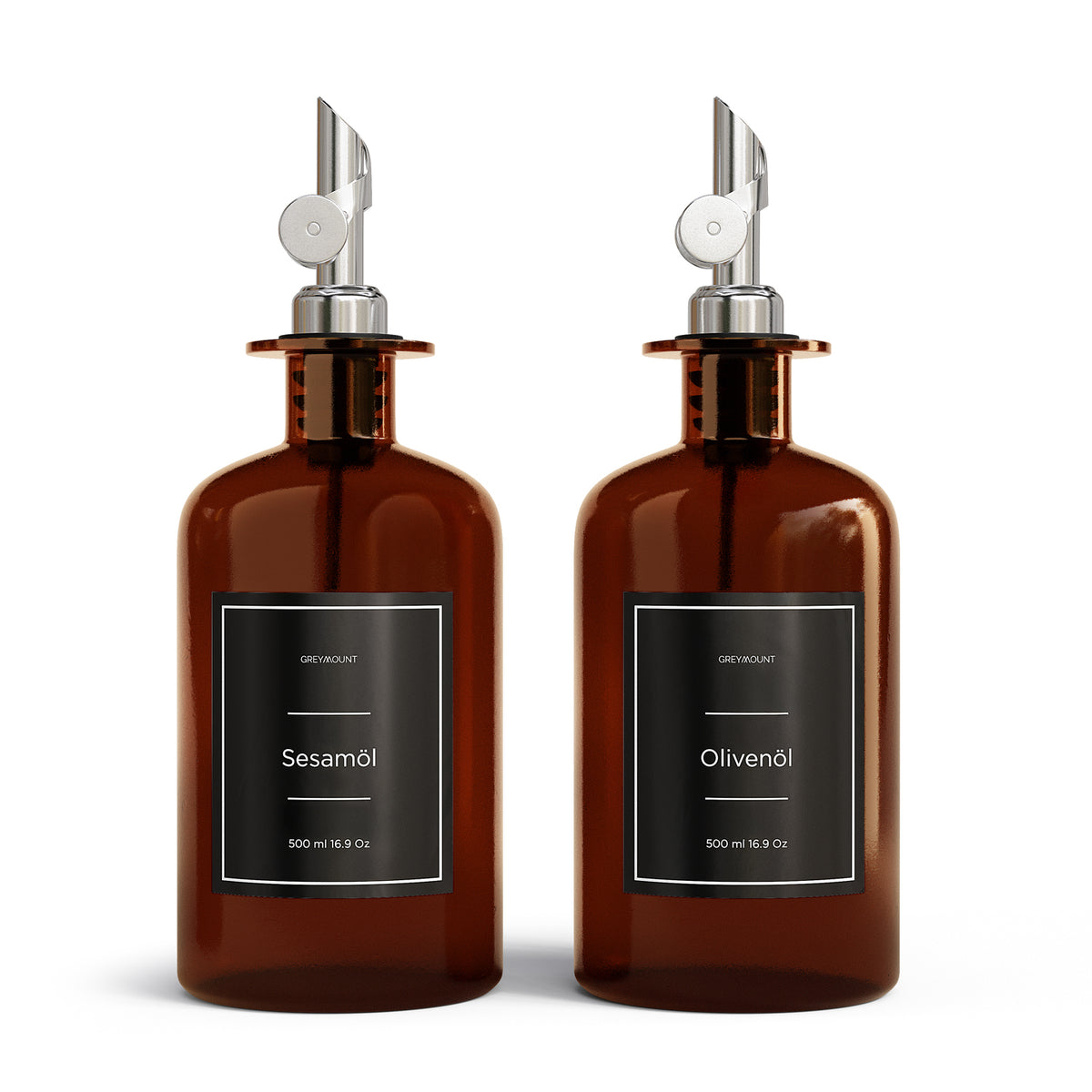Ölflasche aus Braunglas mit Ausgießer Silber (Schwarz Etiketten, 500 ml)