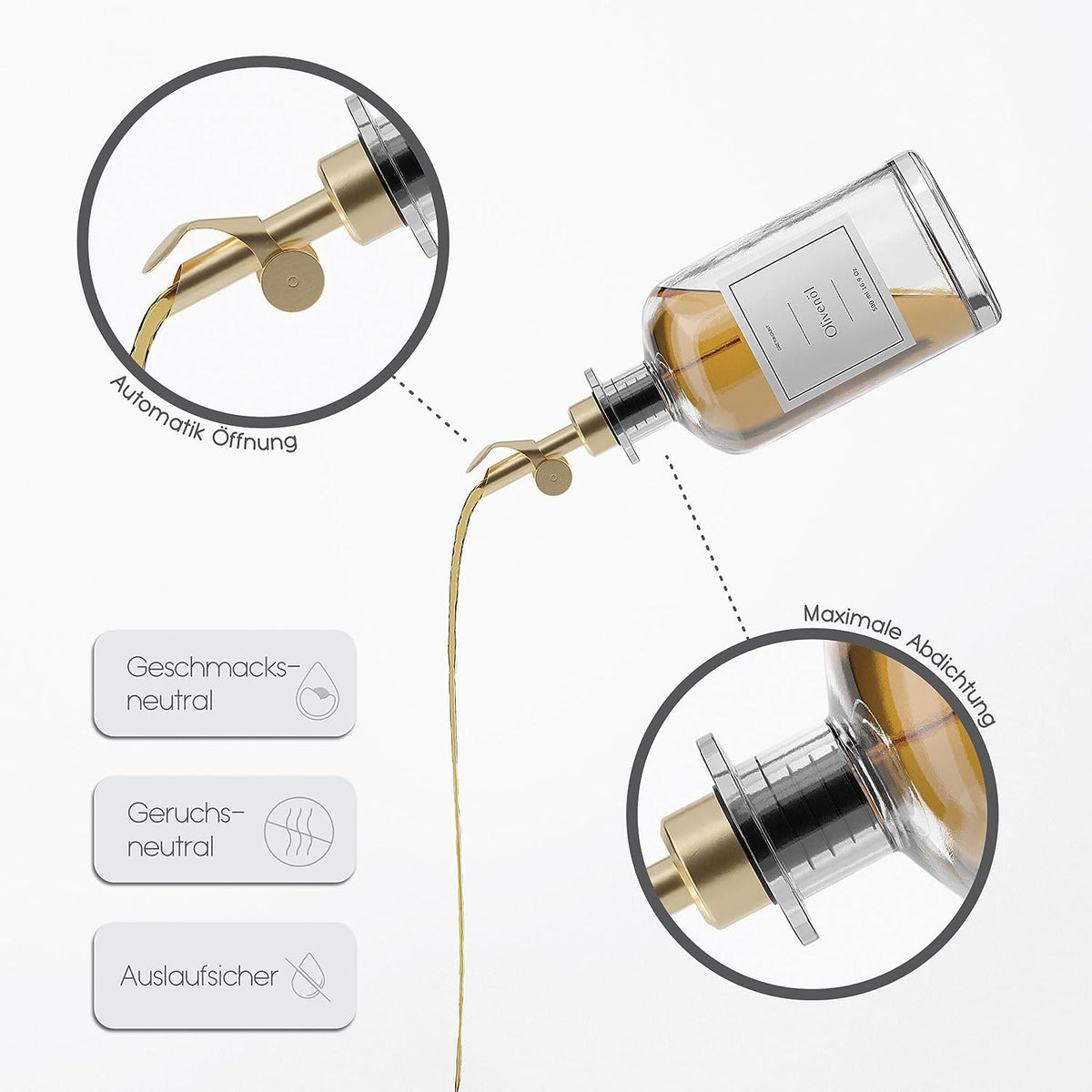 Ölflasche aus Glas mit Ausgießer Gold (Weiß Etiketten, 1 x 500ml)