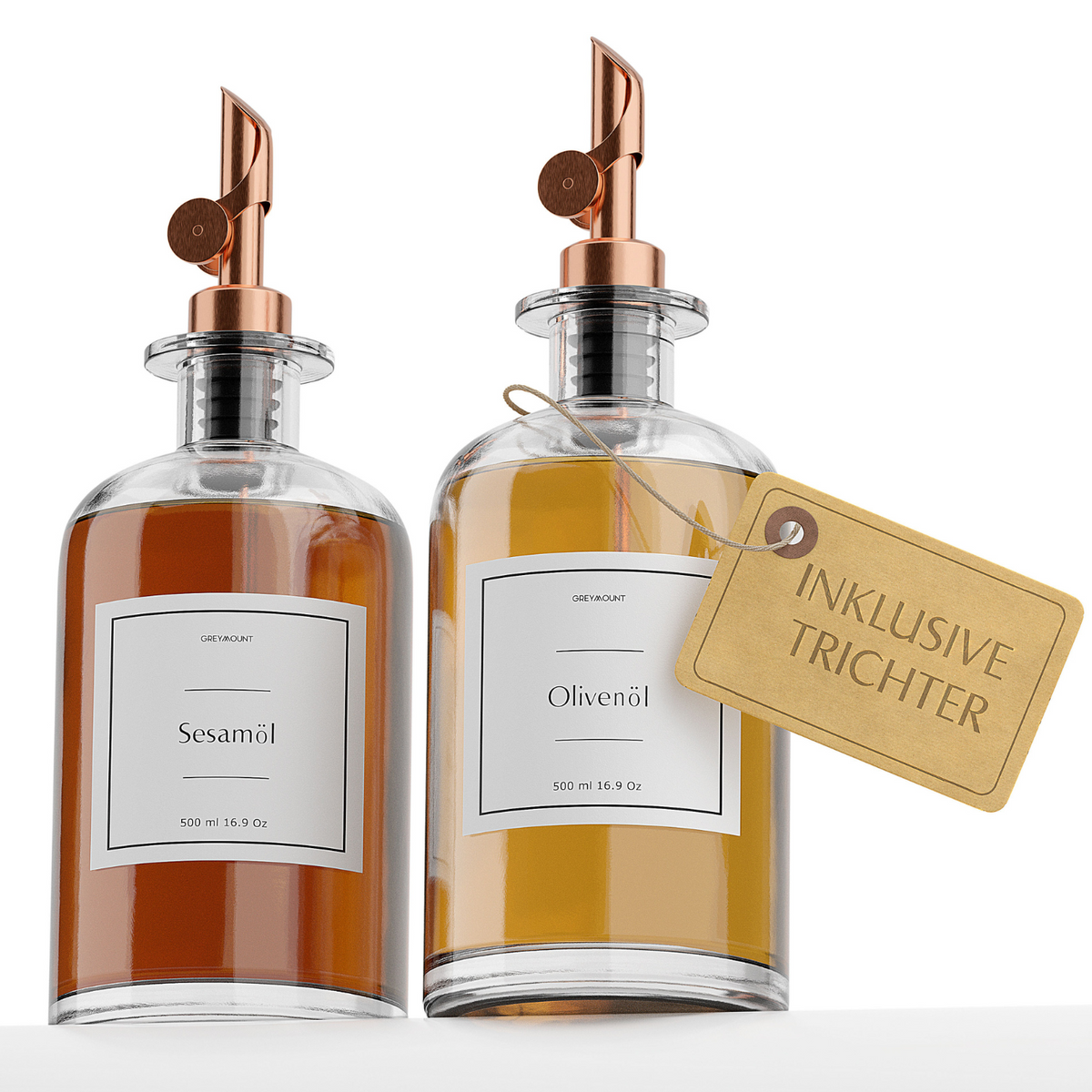 Ölflasche aus Glas mit Ausgießer Rose Gold (Weiß Etiketten, 500ml)