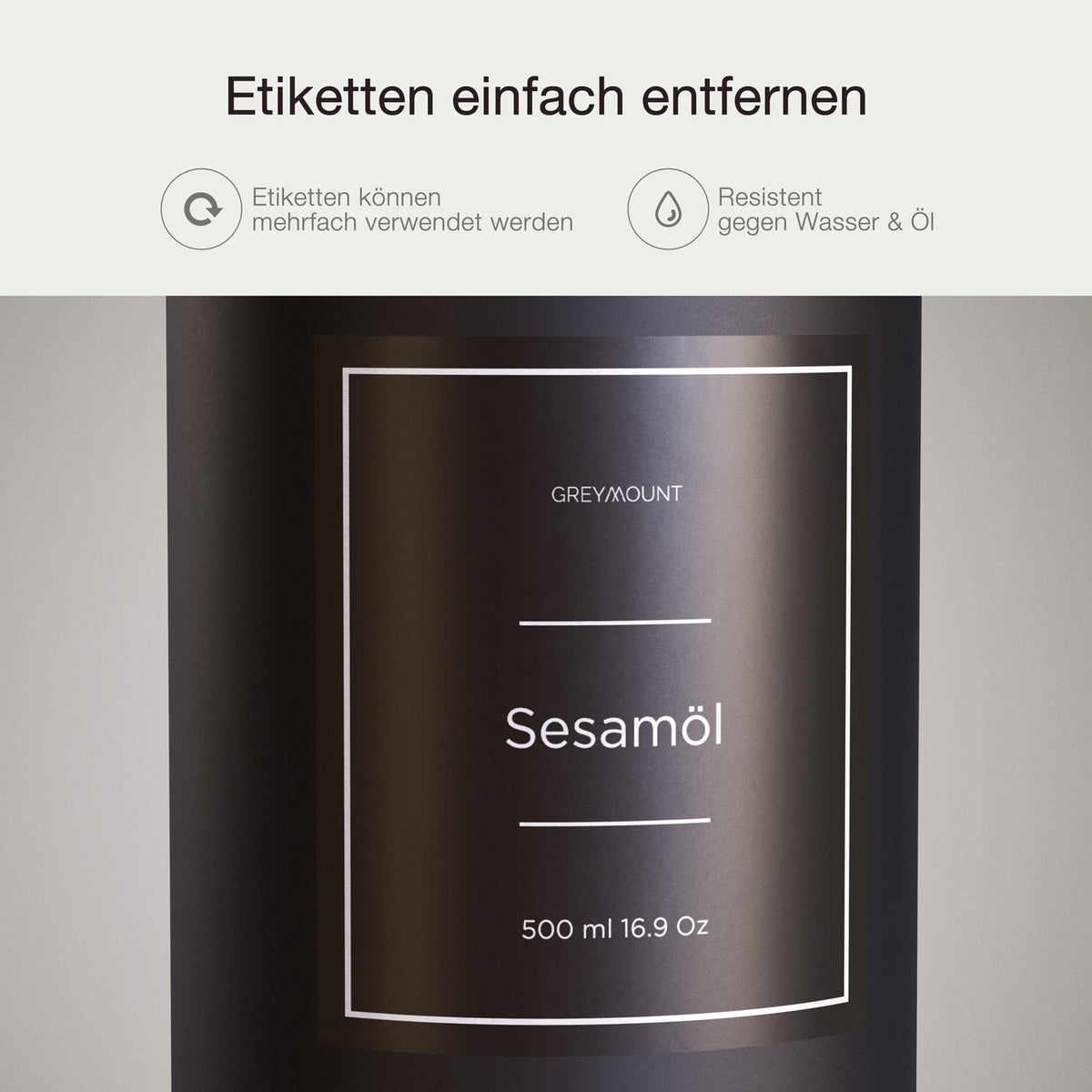 Ölflasche aus Glas Schwarz mit Ausgießer Silber (Schwarz Etiketten, 500ml)