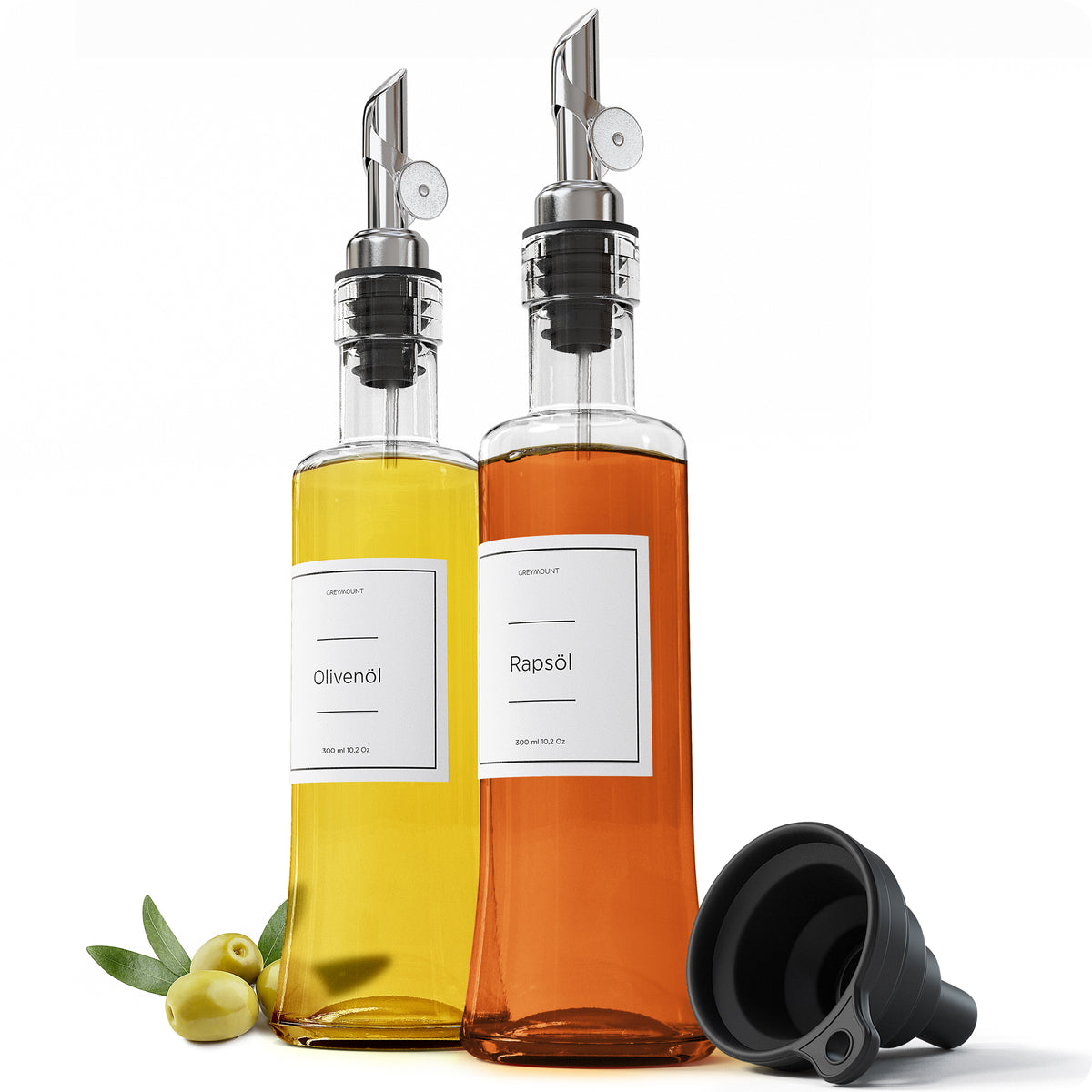 Ölflasche aus Glas mit Ausgießer Silber (2er Set, 300ml)