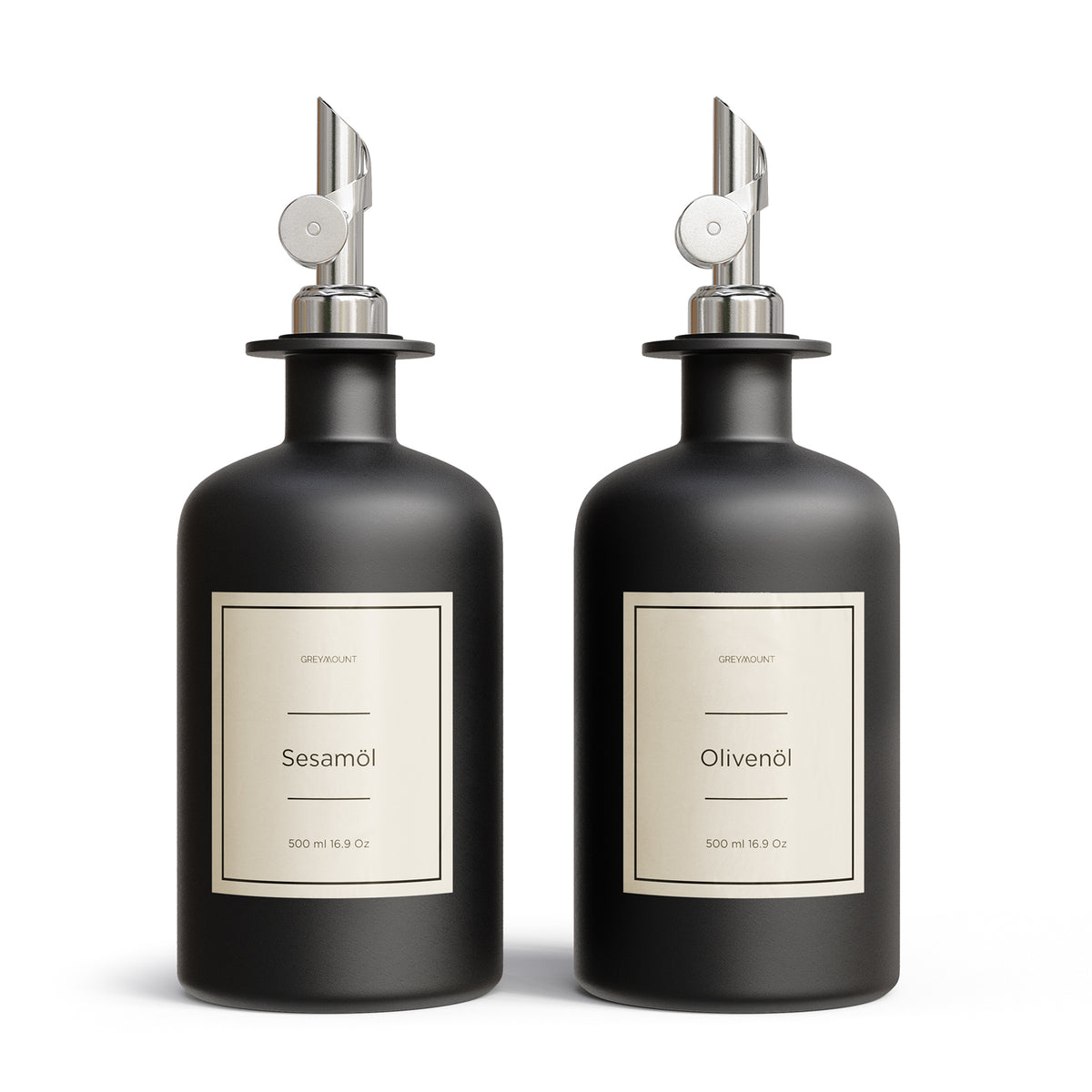 Ölflasche aus Glas Schwarz mit Ausgießer Silber (Sand Etiketten, 500ml)