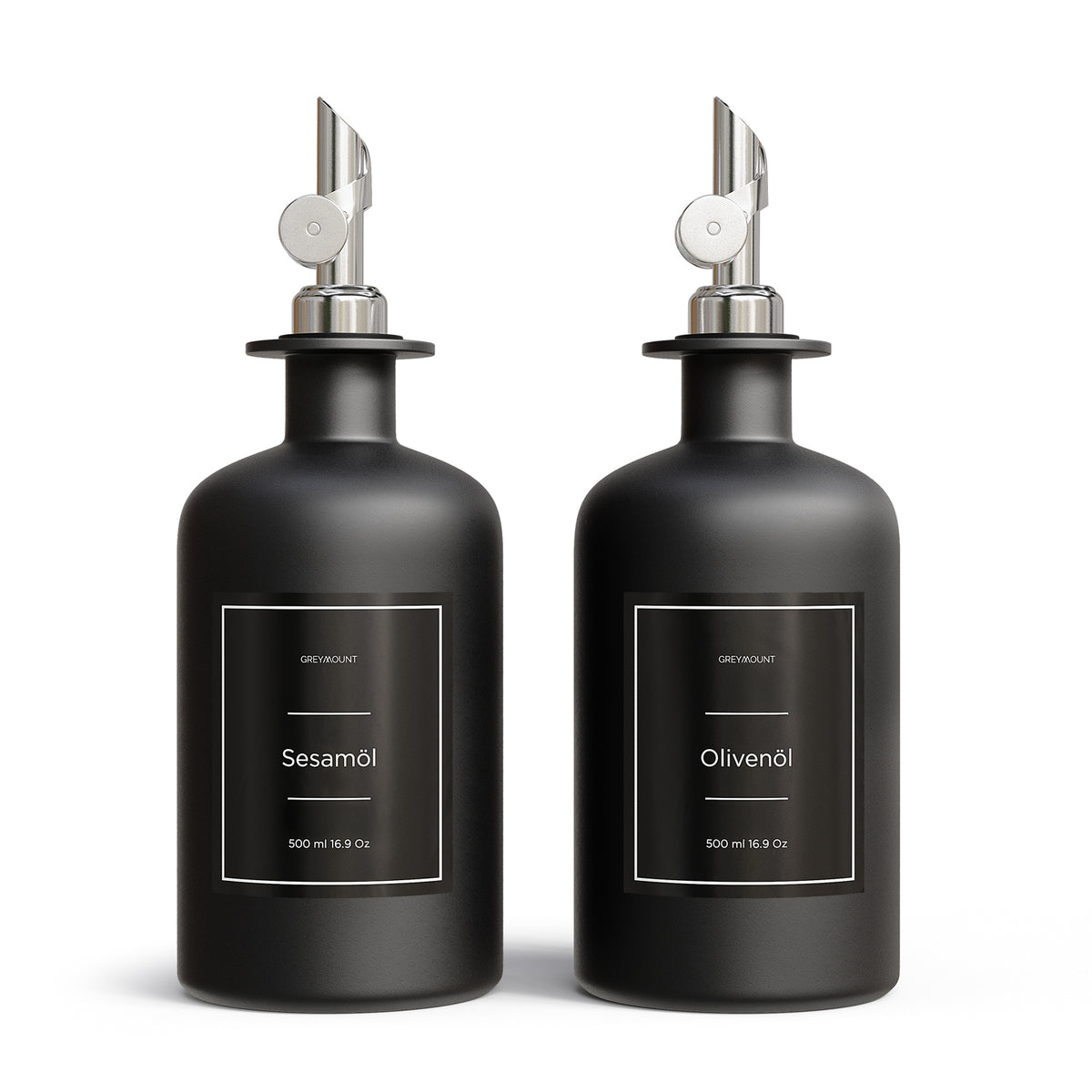 Ölflasche aus Glas Schwarz mit Ausgießer Silber (Schwarz Etiketten, 500ml)
