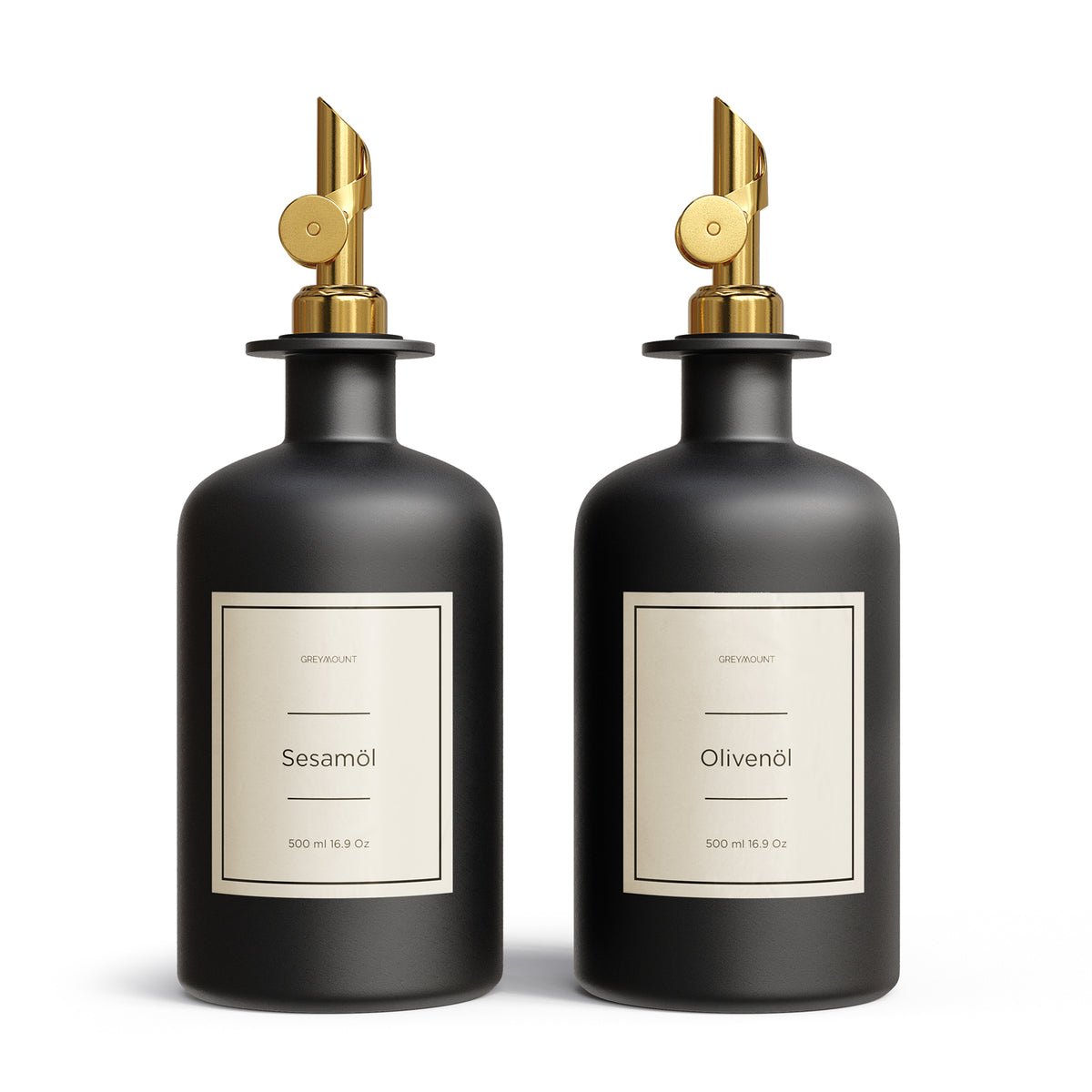 Ölflasche aus Glas Schwarz mit Ausgießer Gold (Sand Etiketten, 500ml)