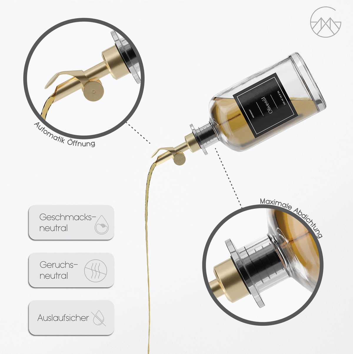 Ölflasche aus Glas mit Ausgießer Gold (Schwarz Etiketten, 500ml)