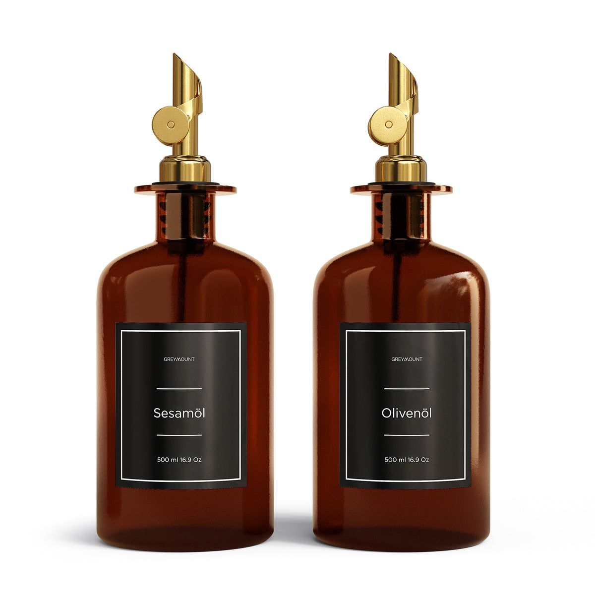 Ölflasche aus Braunglas mit Ausgießer Gold (Schwarz Etiketten, 500 ml)