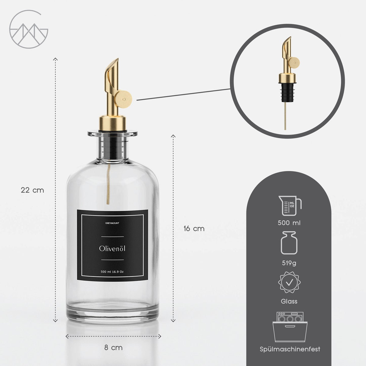 Ölflasche aus Glas mit Ausgießer Gold (Schwarz Etiketten, 500ml)