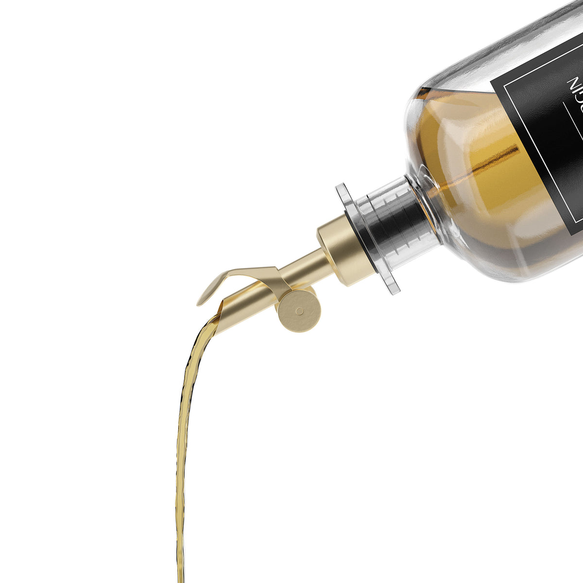 Ölflasche aus Glas mit Ausgießer Gold (Schwarz Etiketten, 500ml)