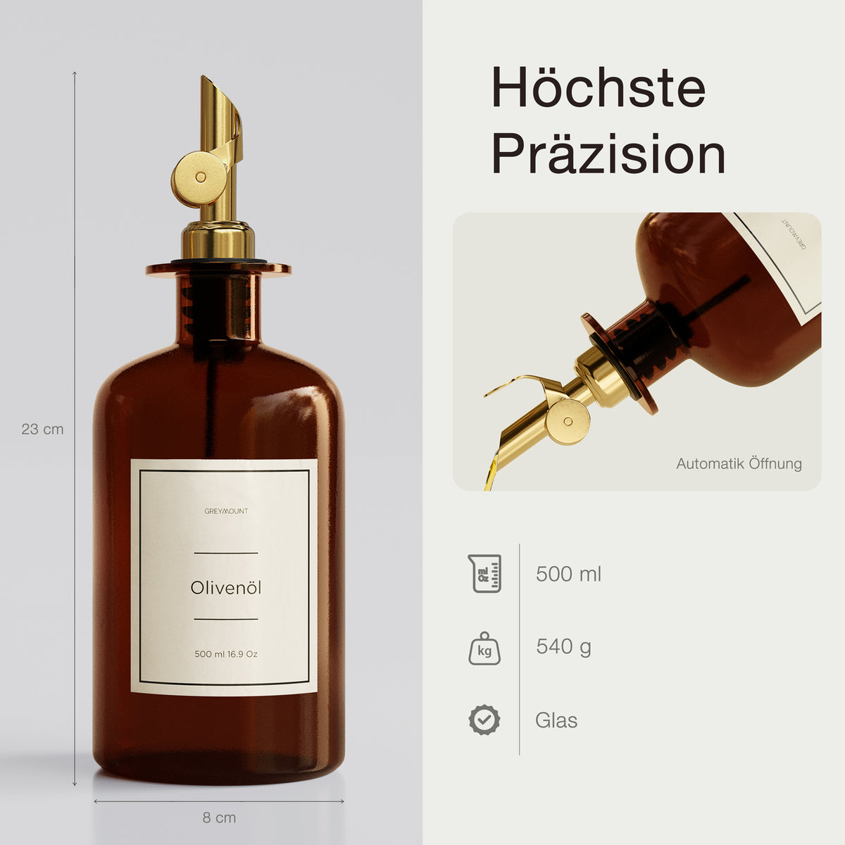 Ölflasche aus Braunglas mit Ausgießer Schwarz (Schwarz Etiketten, 500 ml)