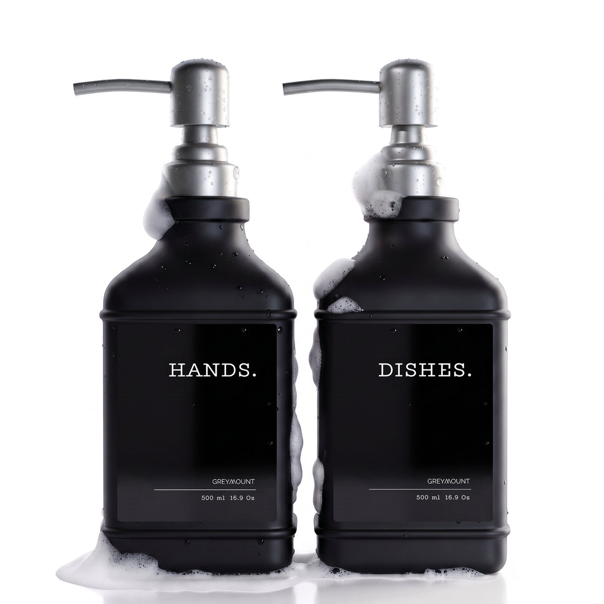 Seifenspender Schwarz mit Edelstahl Pumpe Silber (Schwarz Etiketten, 500ml)