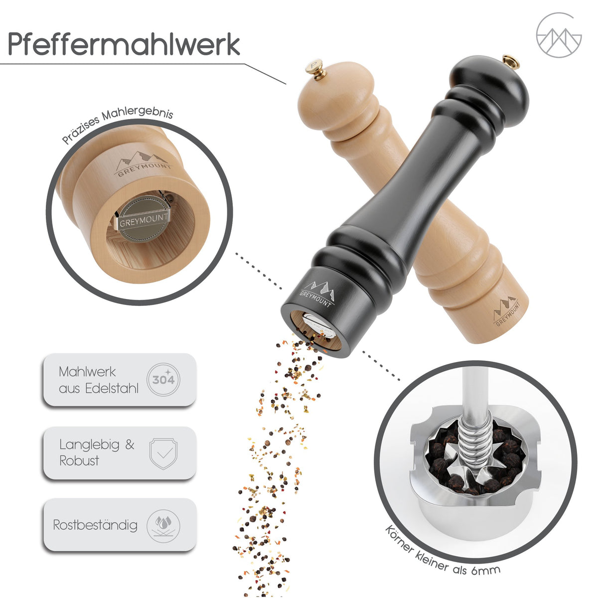 CAUCASUS - Salz- und Pfeffermühle Set (Black/Wood, 27 cm) - Greymount