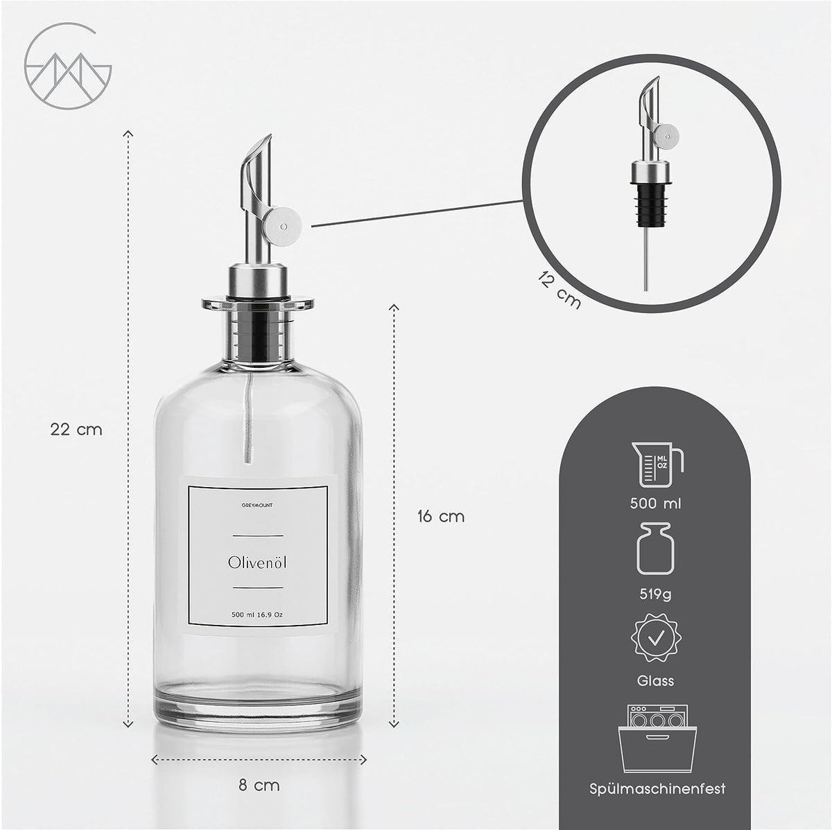 Ölflasche aus Glas mit Ausgießer Silber (Weiß Etiketten, 1 x 500ml)