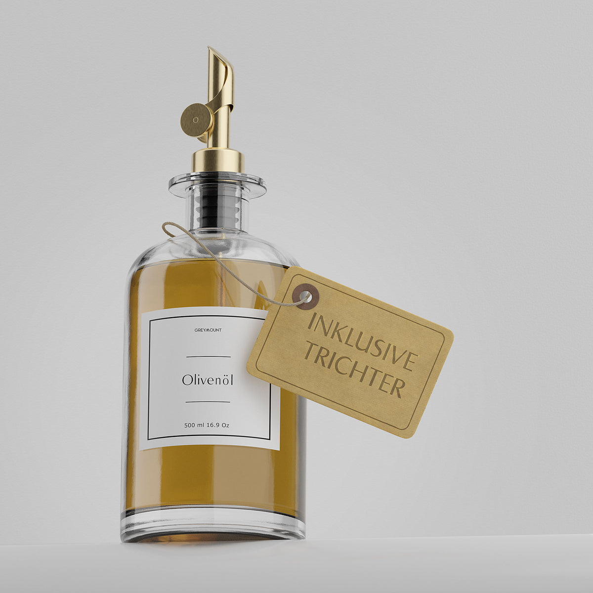Ölflasche aus Glas mit Ausgießer Gold (Weiß Etiketten, 1 x 500ml)