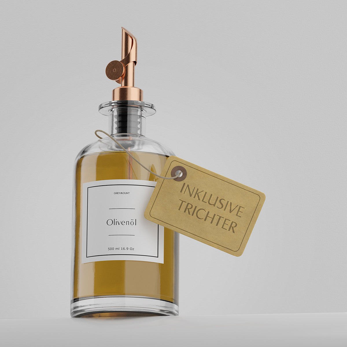 Ölflasche aus Glas mit Ausgießer Rose Gold (Weiß Etiketten, 1 x 500ml)
