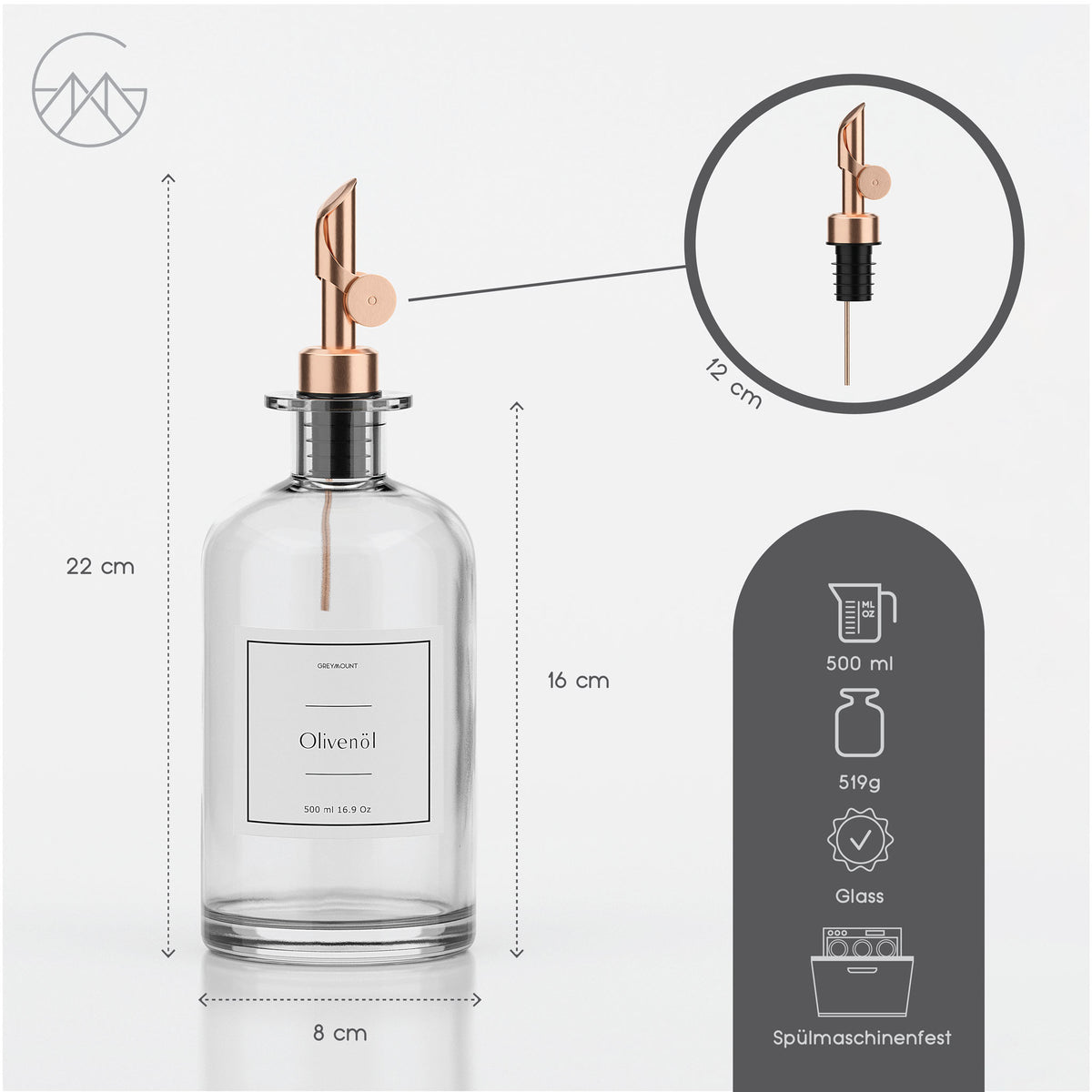Ölflasche aus Glas mit Ausgießer Rose Gold (Weiß Etiketten, 500ml)