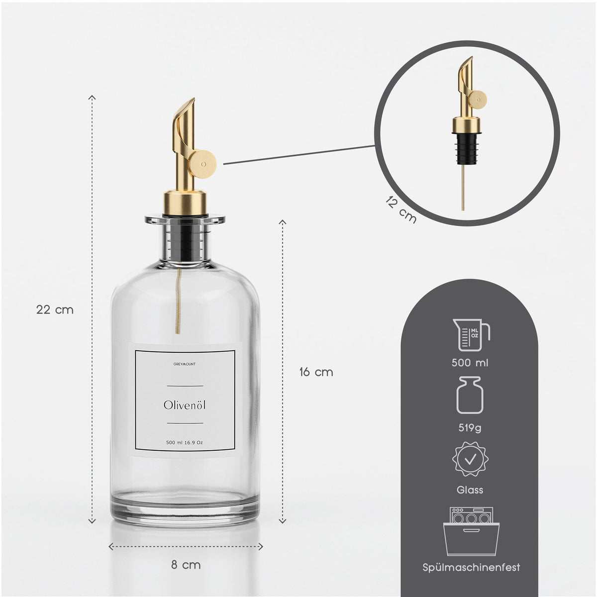 Ölflasche aus Glas mit Ausgießer Gold (Weiß Etiketten, 500ml)