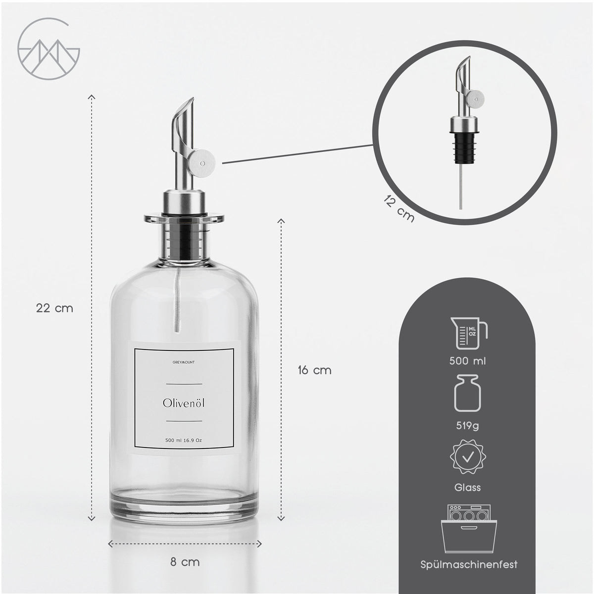 Ölflasche aus Glas mit Ausgießer Silber (Weiß Etiketten, 500ml)