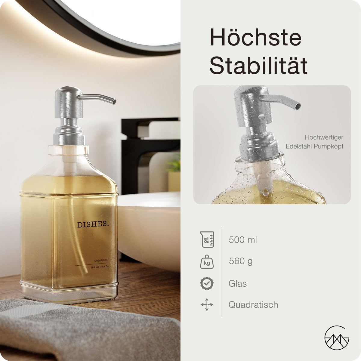Seifenspender aus Glas mit Edelstahl Pumpe Silber (2er Set, 500ml) - Greymount