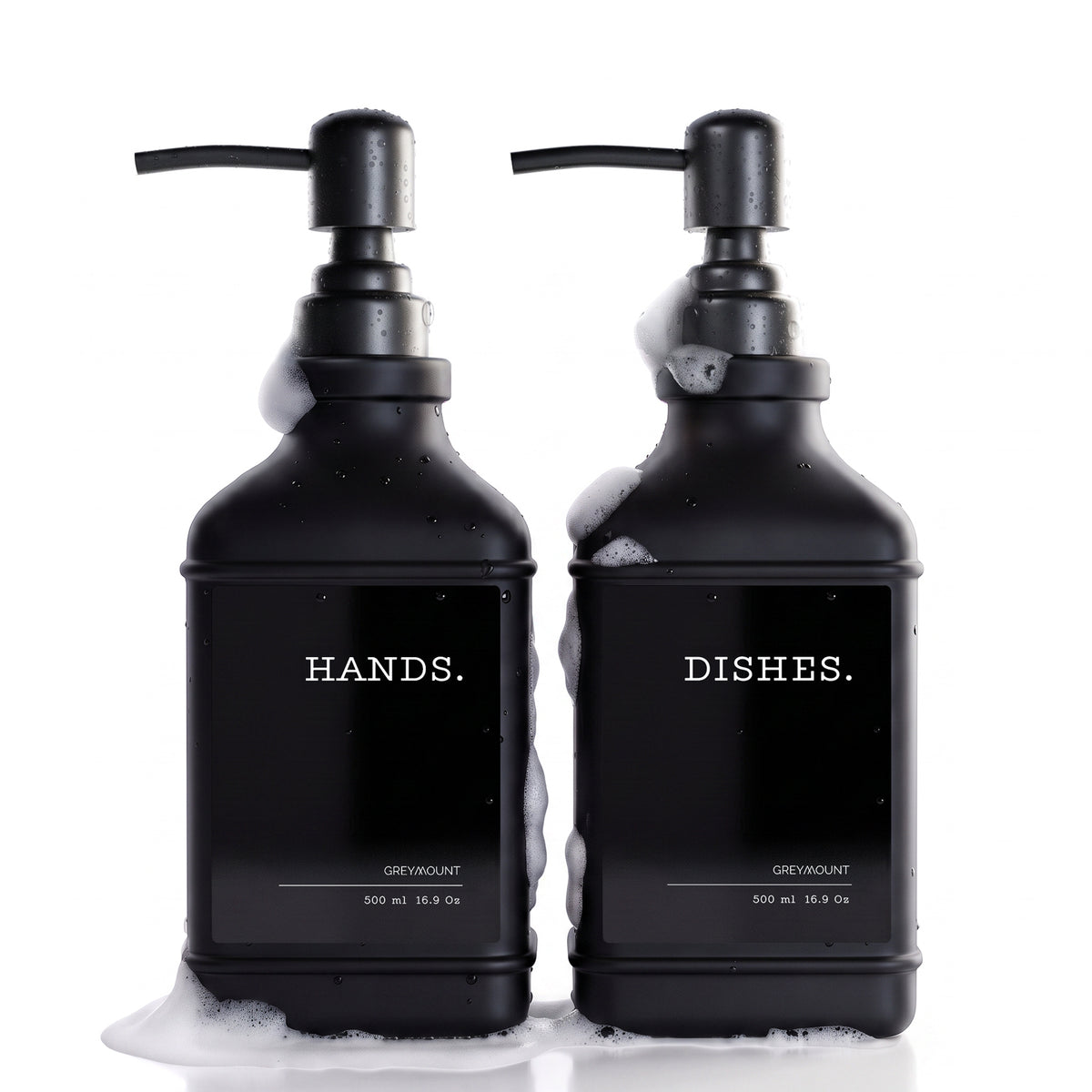 Seifenspender Schwarz mit Edelstahl Pumpe Schwarz (Schwarz Etiketten, 500ml)