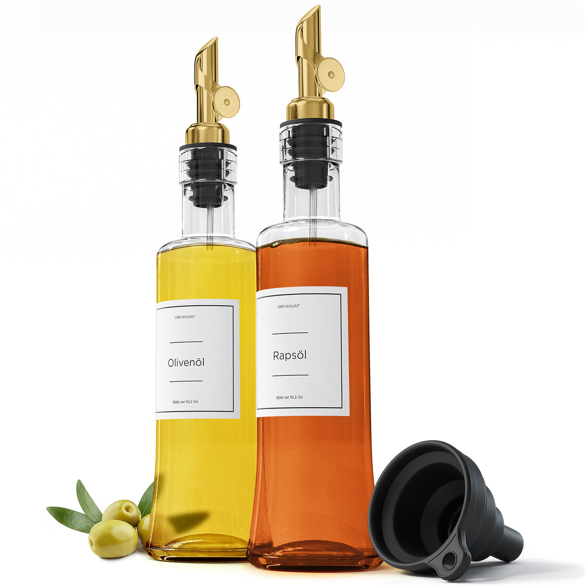 Ölflasche aus Glas mit Ausgießer Gold (2er Set, 300ml)