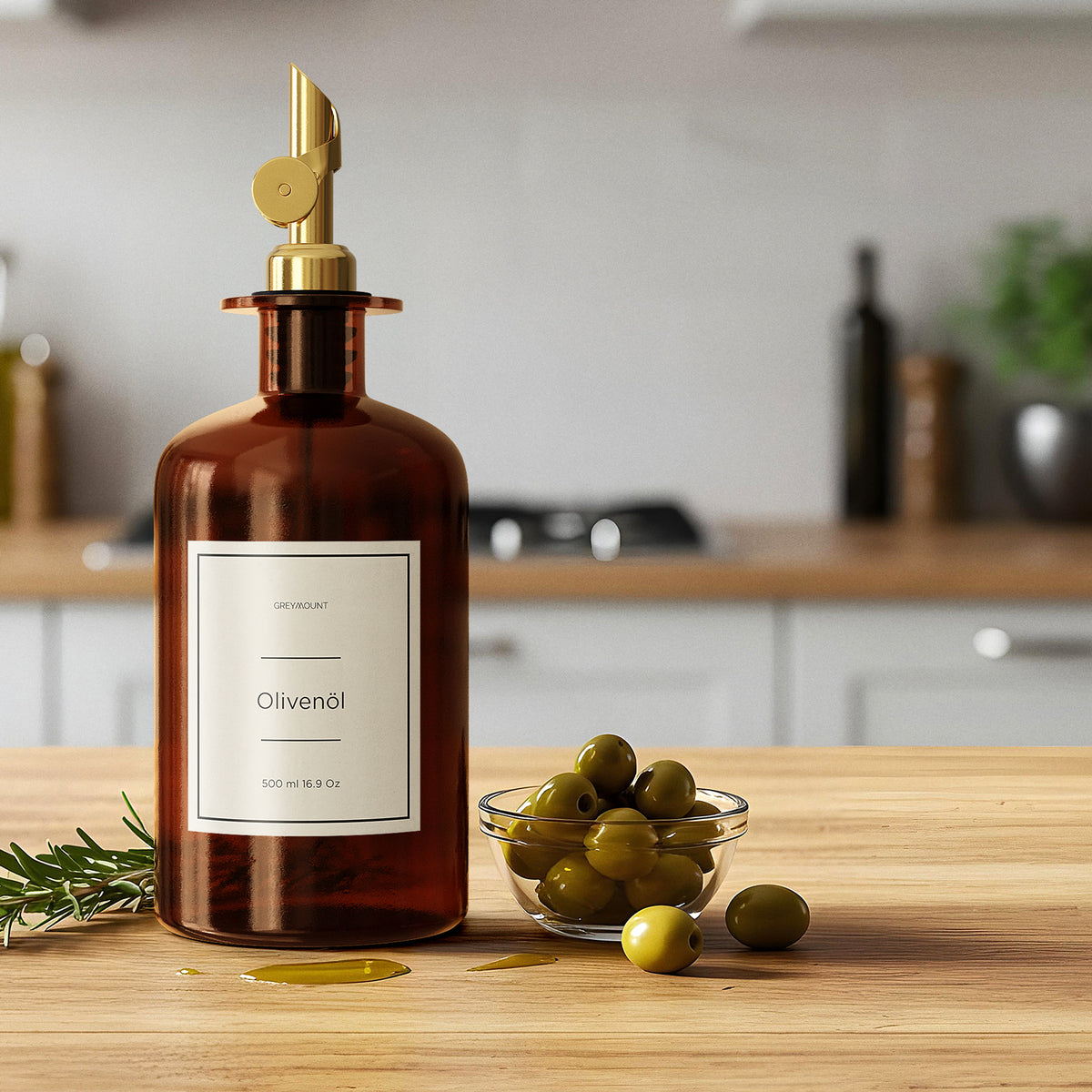 Ölflasche aus Braunglas mit Ausgießer Gold (Sand Etiketten, 500 ml)