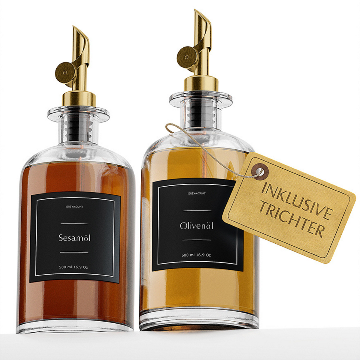 Ölflasche aus Glas mit Ausgießer Gold (Schwarz Etiketten, 500ml)