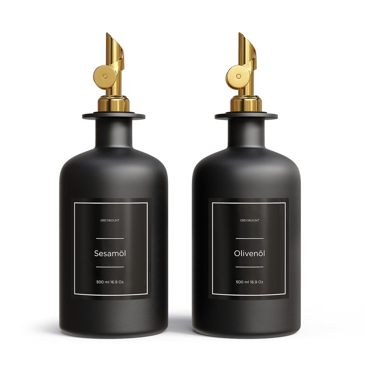 Ölflasche aus Glas Schwarz mit Ausgießer Gold (Schwarz Etiketten, 500ml)