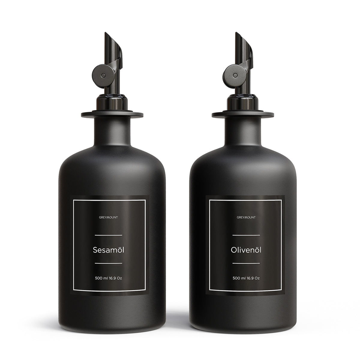 Ölflasche aus Glas Schwarz mit Ausgießer Schwarz (Schwarz Etiketten, 500ml)