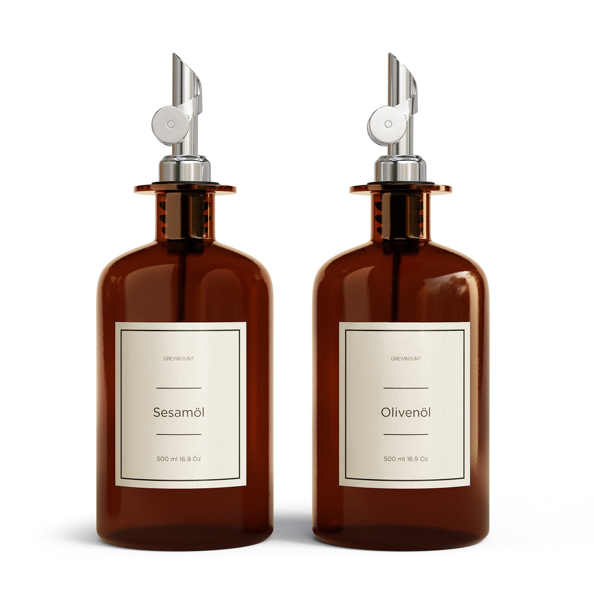 Ölflasche aus Braunglas mit Ausgießer Silber (Sand Etiketten, 500 ml)