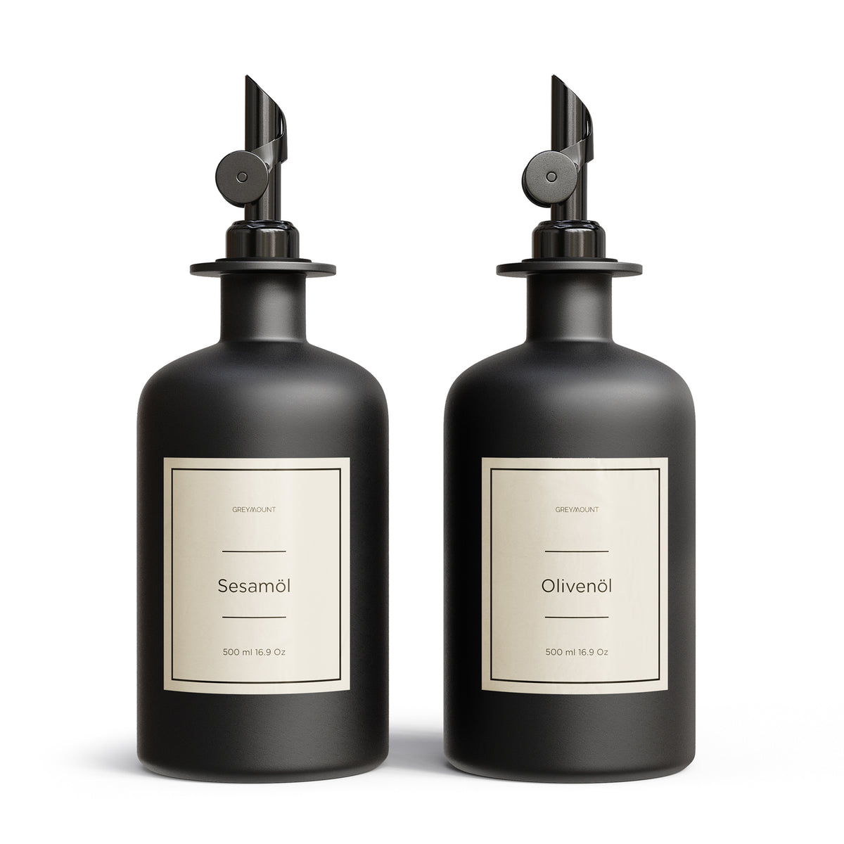 Ölflasche aus Glas Schwarz mit Ausgießer Schwarz (Sand Etiketten, 500ml)
