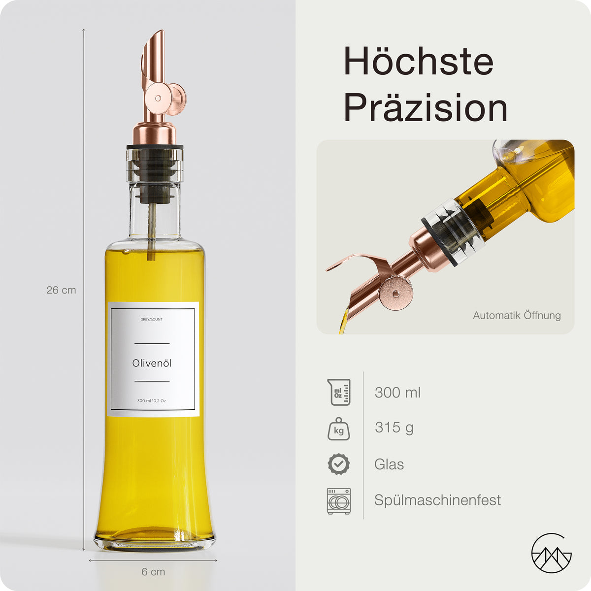 Ölflasche aus Glas mit Ausgießer Rose Gold (2er Set, 300ml)