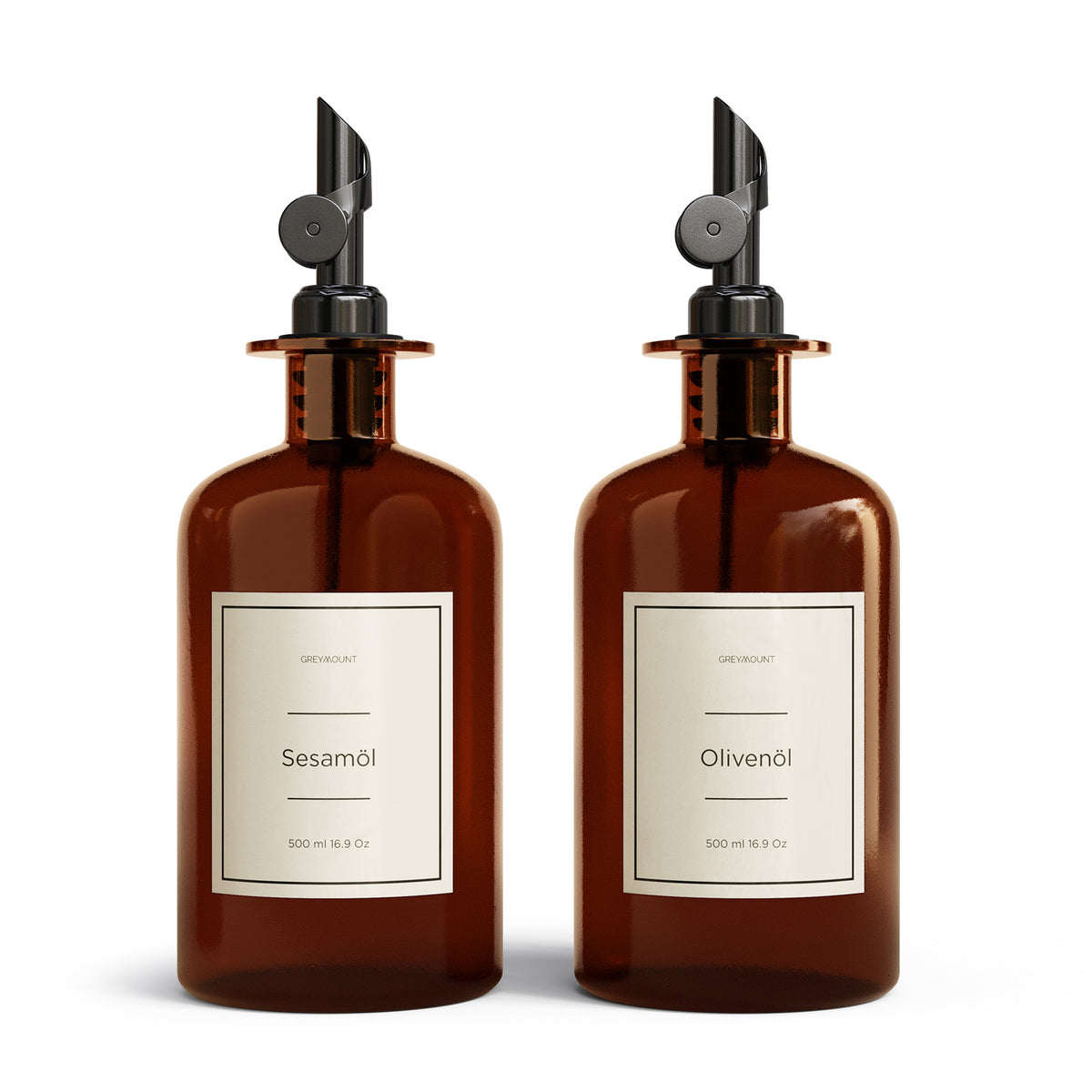 Ölflasche aus Braunglas mit Ausgießer Schwarz (Sand Etiketten, 500 ml)