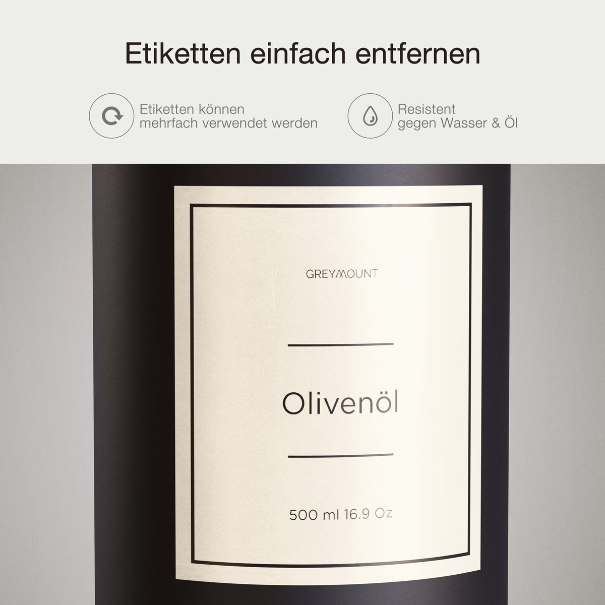 Ölflasche aus Glas Schwarz mit Ausgießer Silber (Sand Etiketten, 500ml)