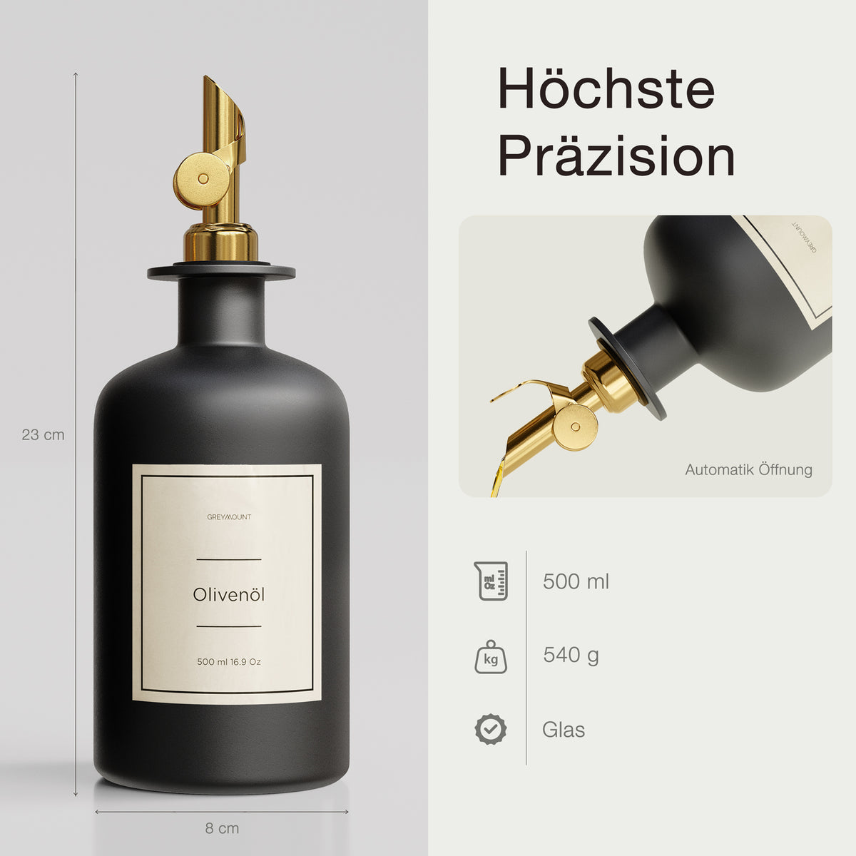 Ölflasche aus Glas Schwarz mit Ausgießer Silber (Sand Etiketten, 500ml)