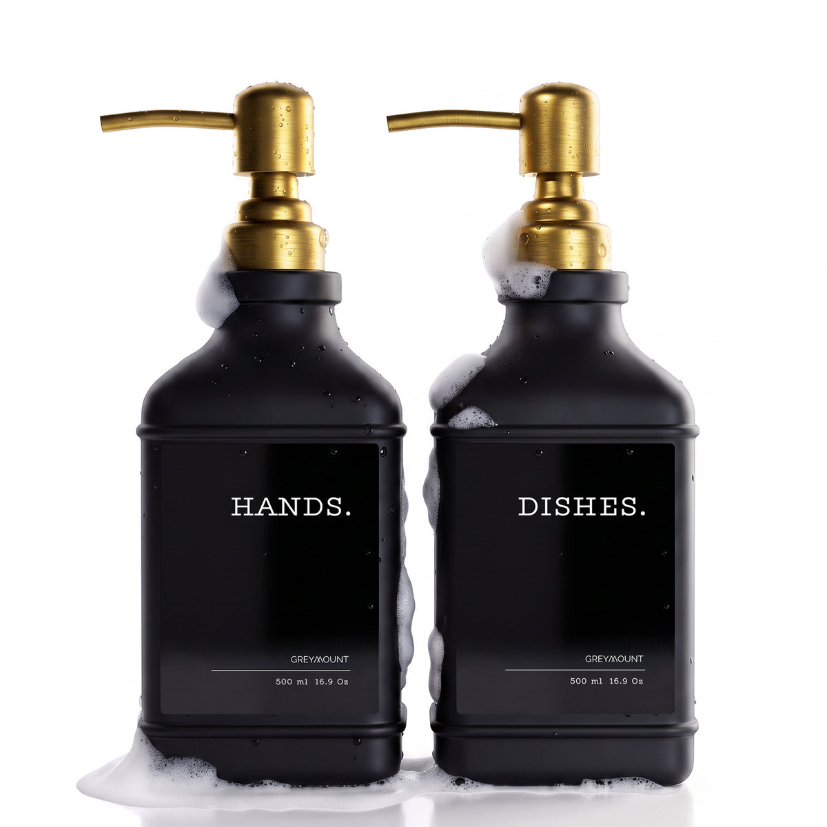 Seifenspender Schwarz mit Edelstahl Pumpe Gold (Schwarz Etiketten, 500ml)