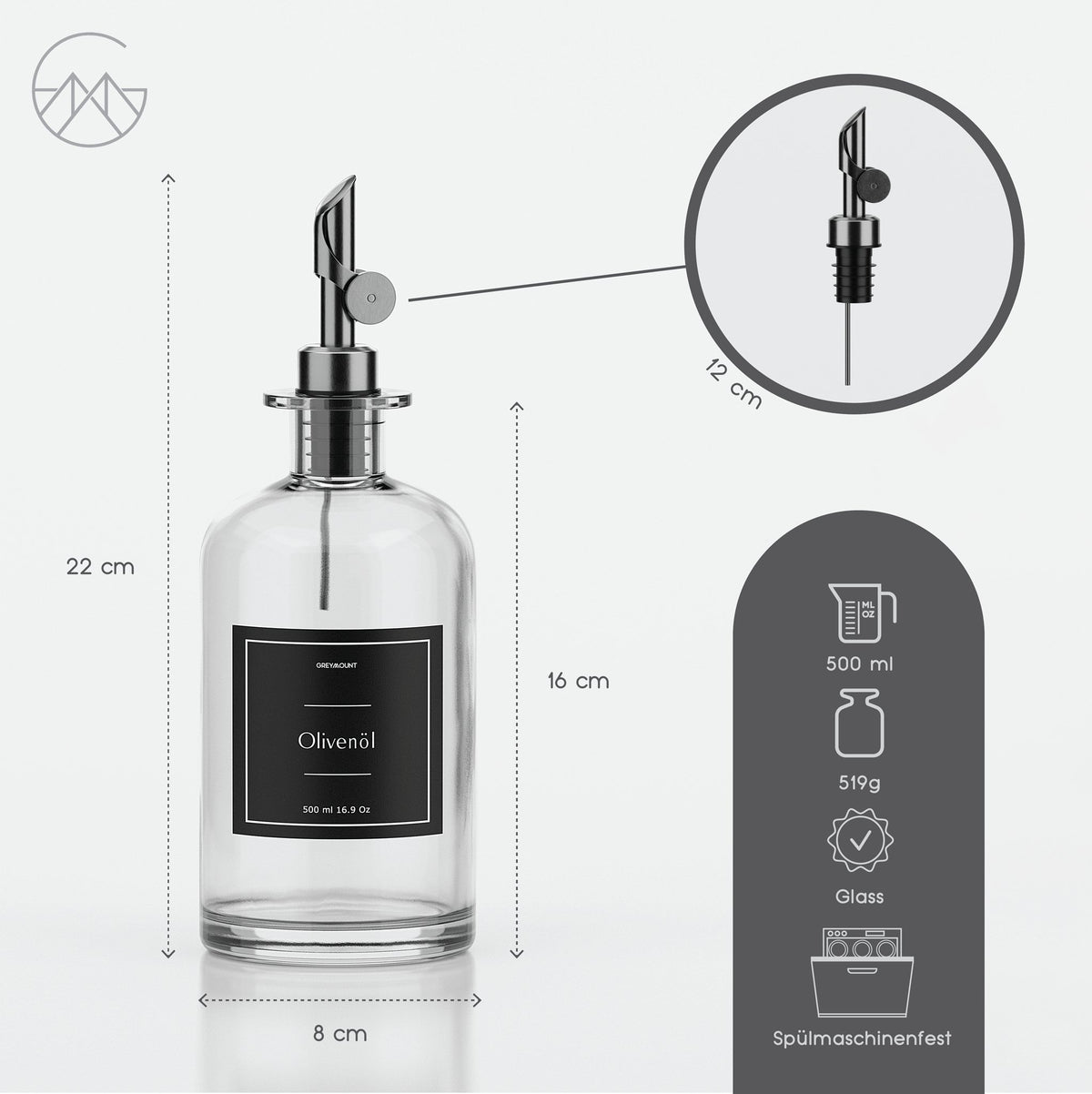Ölflasche aus Glas mit Ausgießer Schwarz (2er Set, 500ml) - Greymount